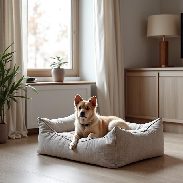 Panier design pour chien s'intégrant dans un salon moderne.