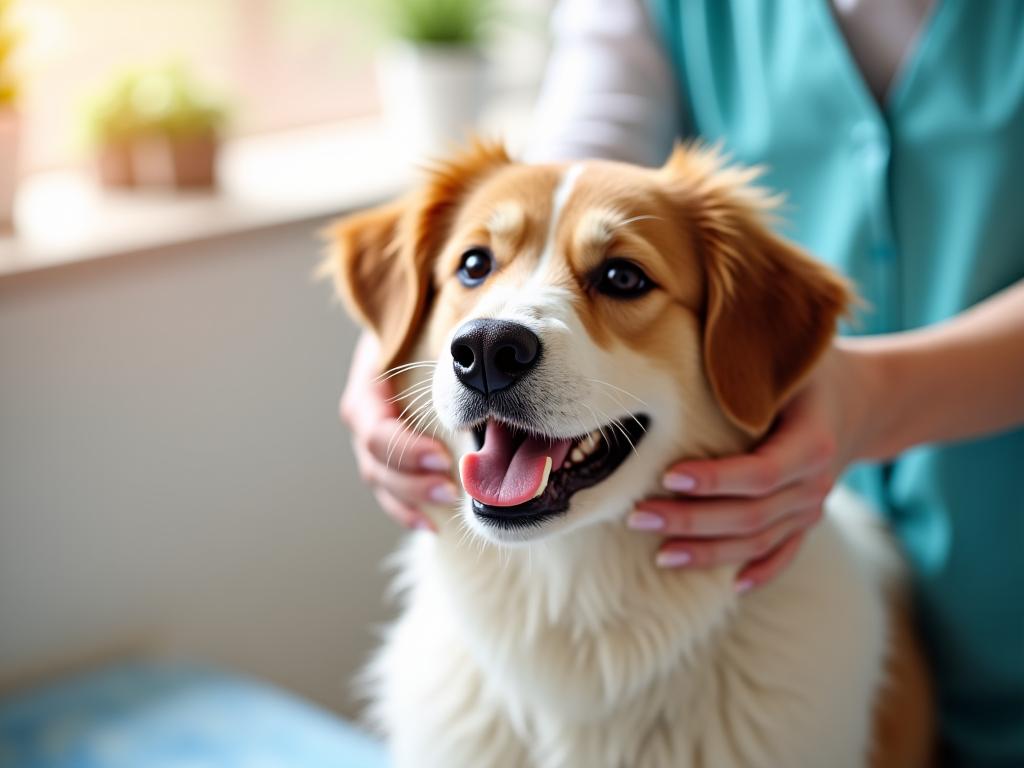 Un chien souriant pendant une séance de toilettage professionnel dans un spa pour animaux.