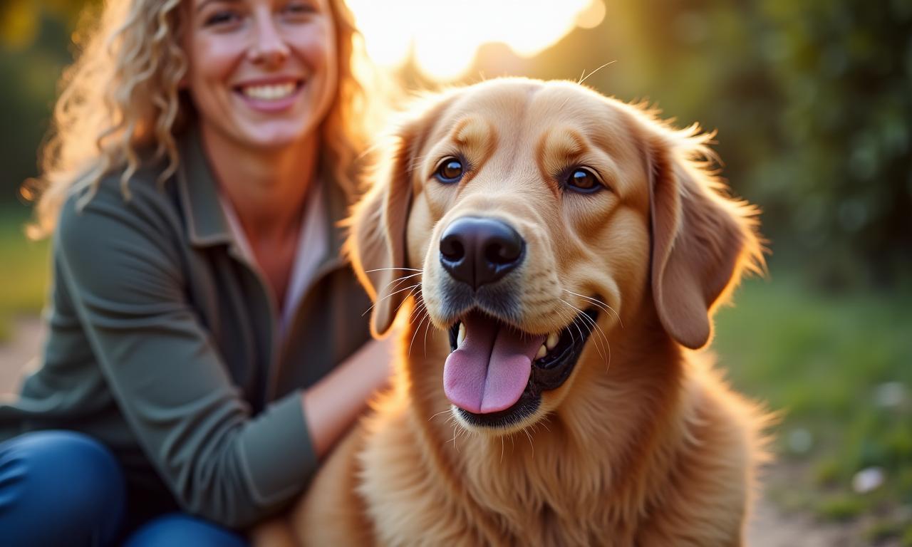 Heureux chien Golden Retriever et son propriétaire à Lyon, symbolisant le bien-être animal.